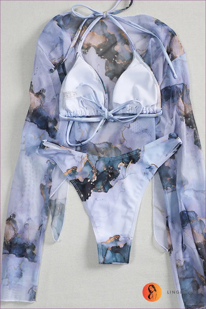 Marble Print Long Sleeve Bikini with Sheer Tie Top - Confident Layers