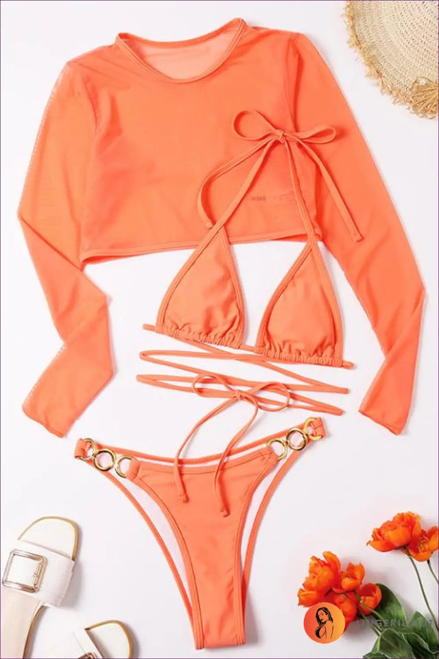 Long Sleeve Mesh Bikini with Ring Hardware Detail - Coastal Glamour