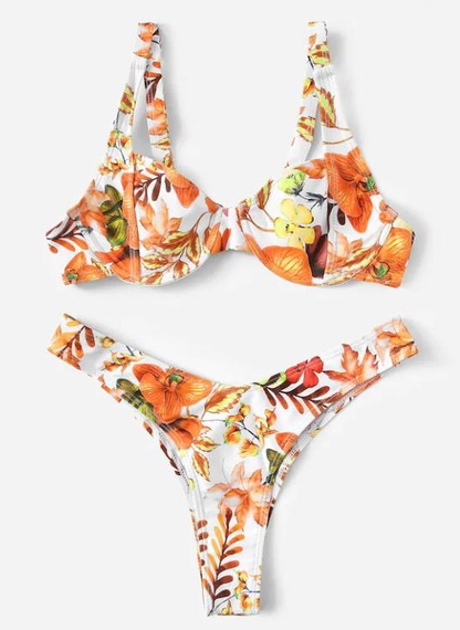 Floral Print Bra Set with Split Straps