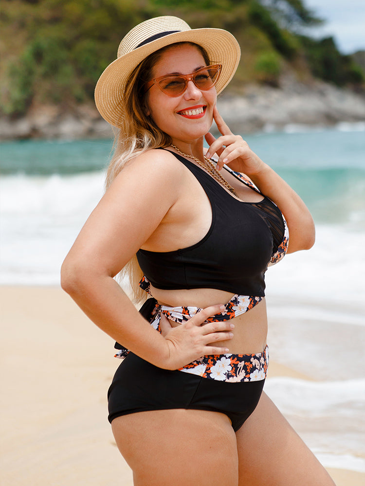Plus Size Floral Bikini Set with Mesh Panel