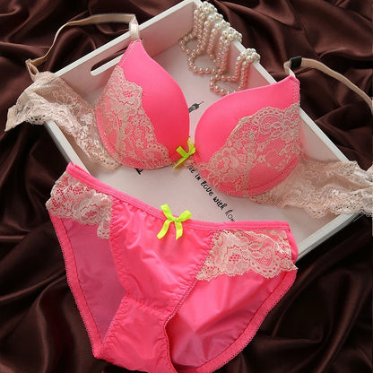 Lace Overlay Bra and Brief Set with Centre Bow