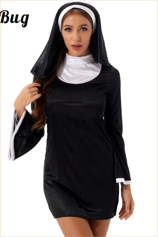 Black & White Naughty Nun Costume with Veil