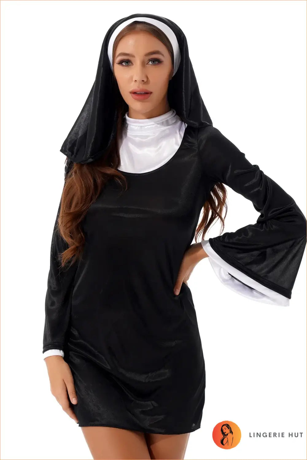 Black & White Naughty Nun Costume with Veil