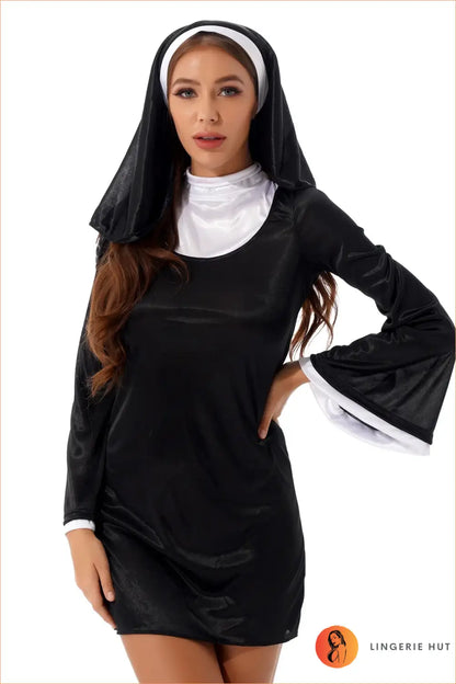 Black & White Naughty Nun Costume with Veil