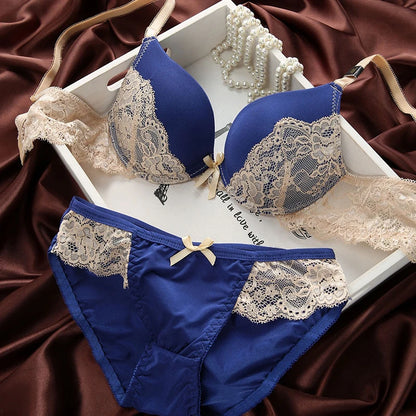 Lace Overlay Bra and Brief Set with Centre Bow