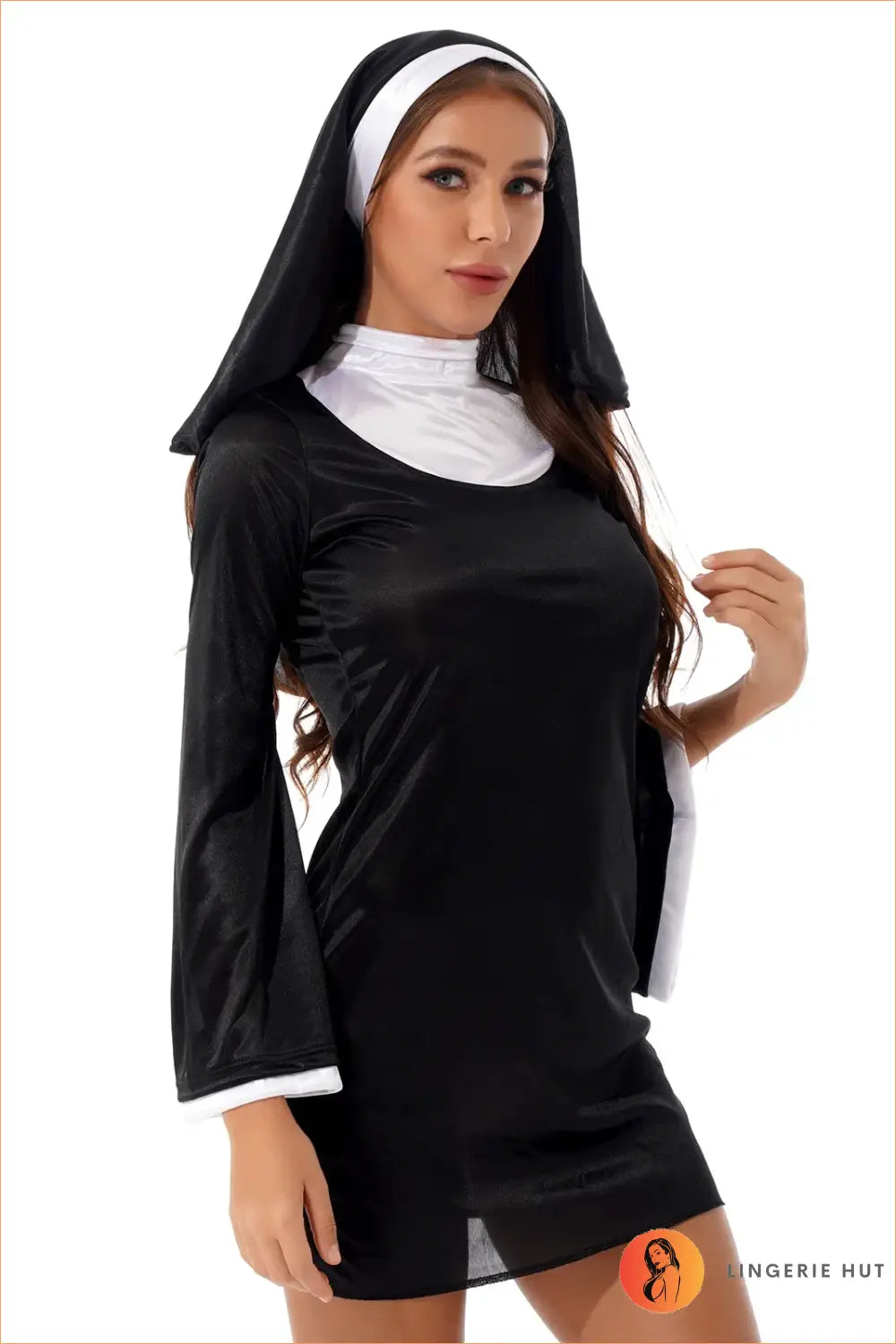 Black & White Naughty Nun Costume with Veil