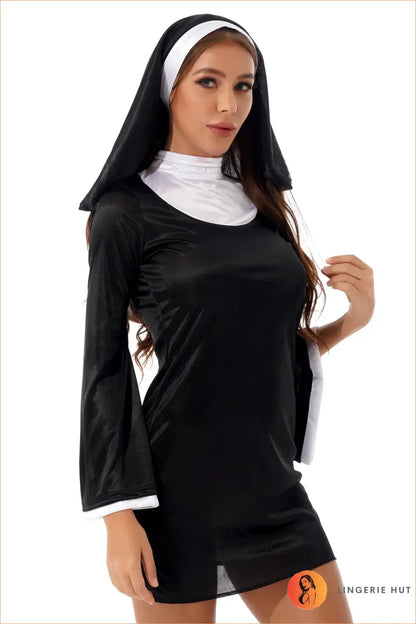 Black & White Naughty Nun Costume with Veil