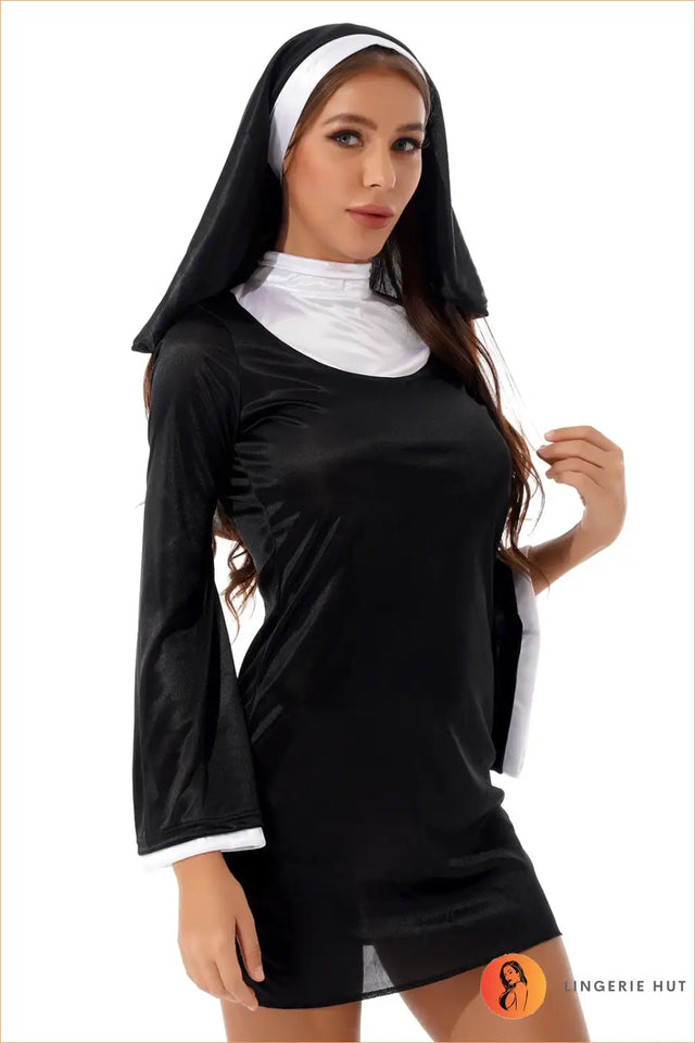 Black & White Naughty Nun Costume with Veil