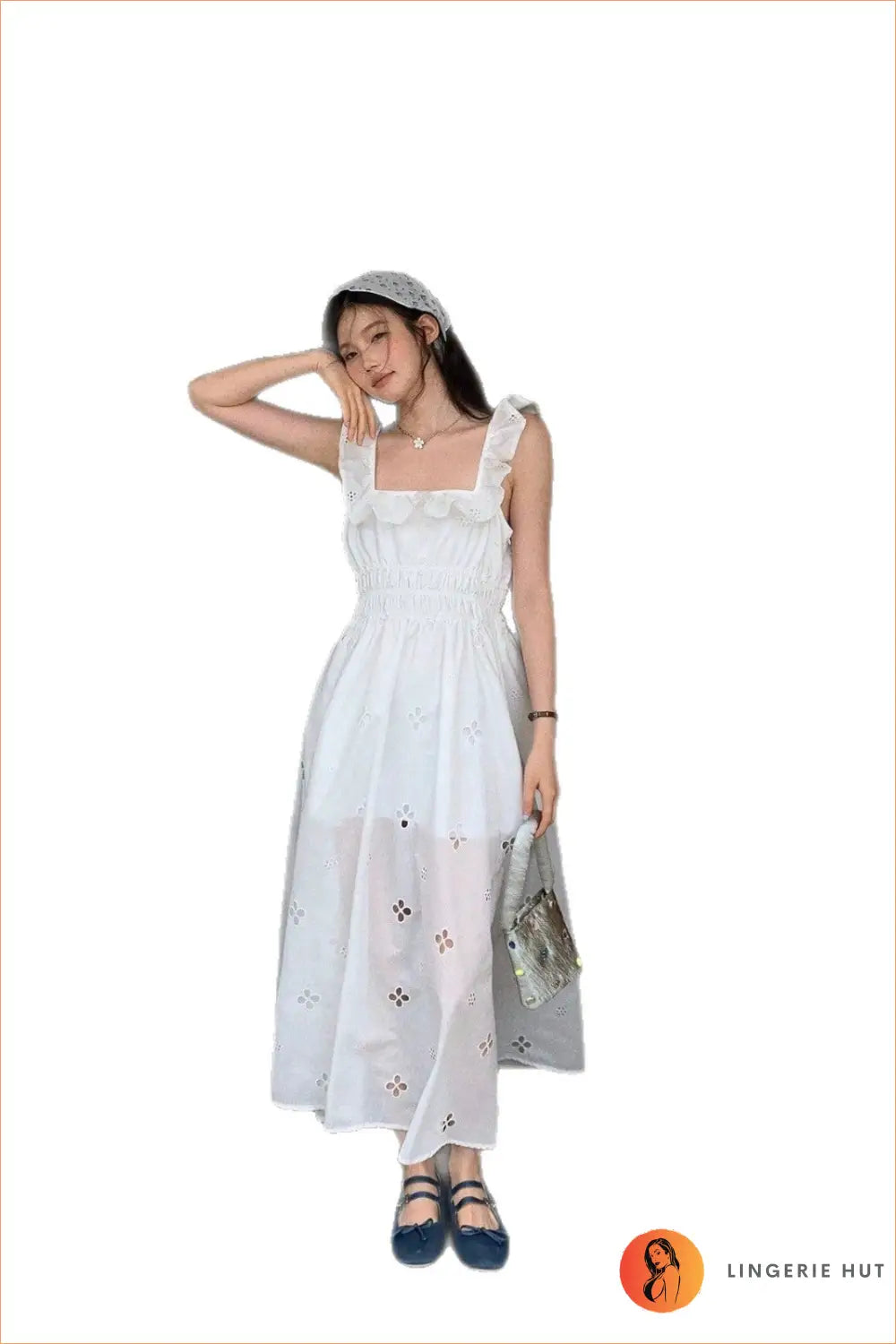 Square-Neck Midi Dress with Eyelet Cutouts and Ruffle