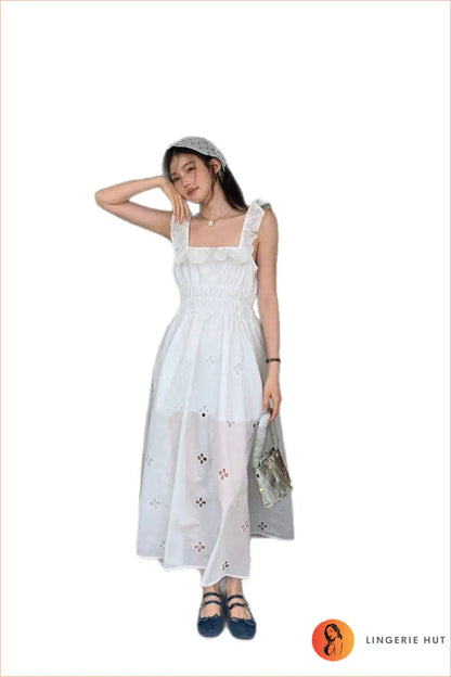 Square-Neck Midi Dress with Eyelet Cutouts and Ruffle