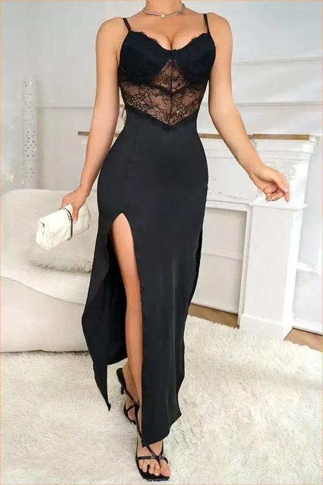 Black Lace-Bust Slit Maxi Dress