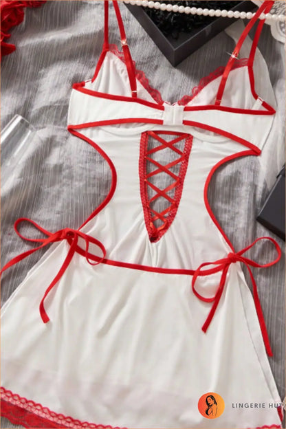 White Nurse Costume Mini Dress with Lace-Up Front and Headband