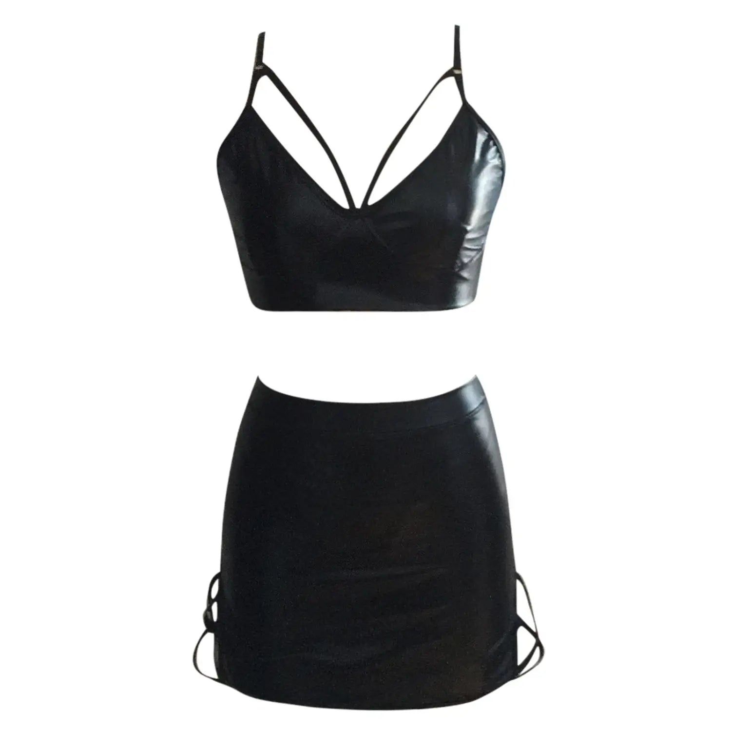 Faux Leather Co Ord Set - Harness Crop Top Cut Out Mini Skirt