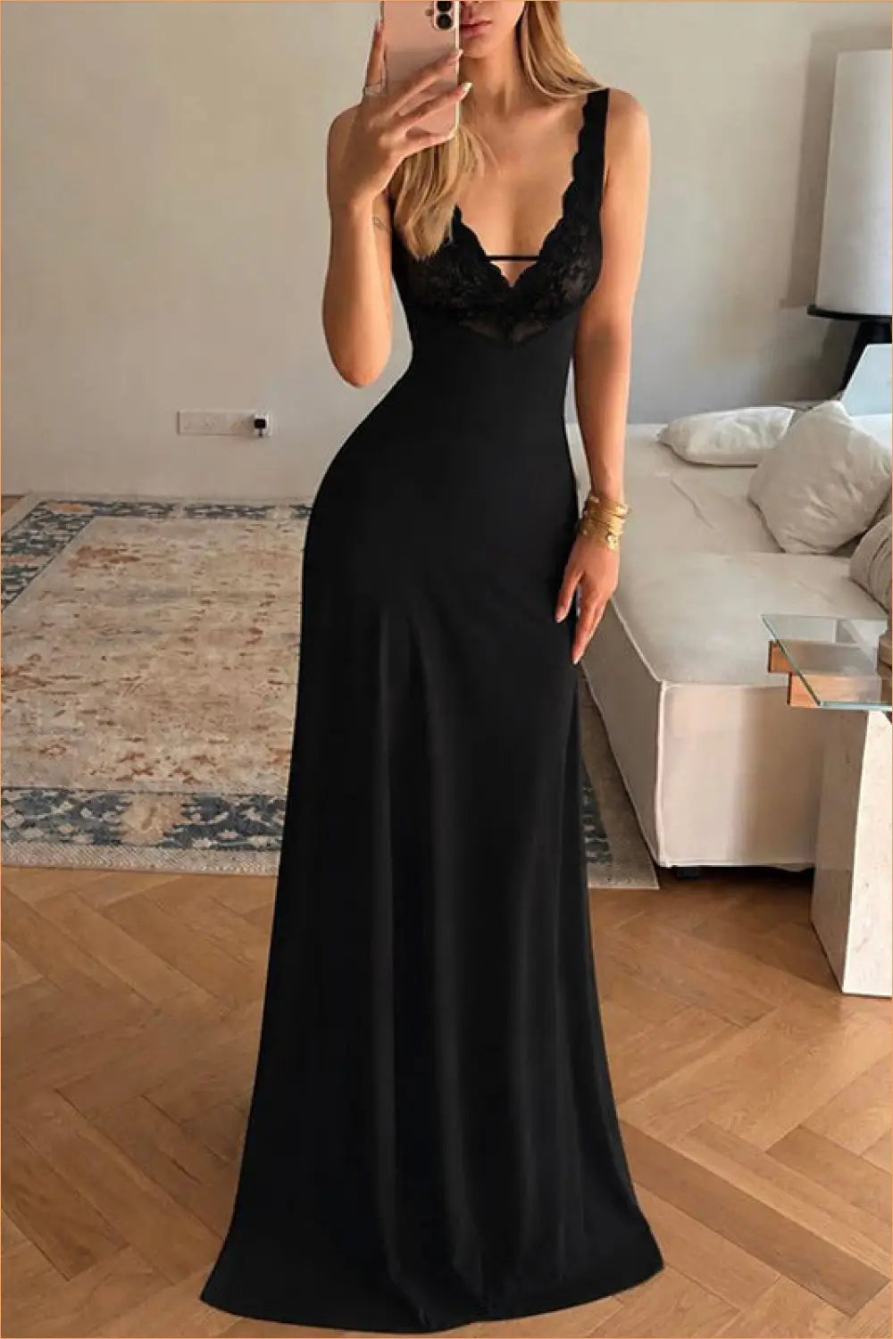 Black Lace-Trim Plunge Maxi Dress
