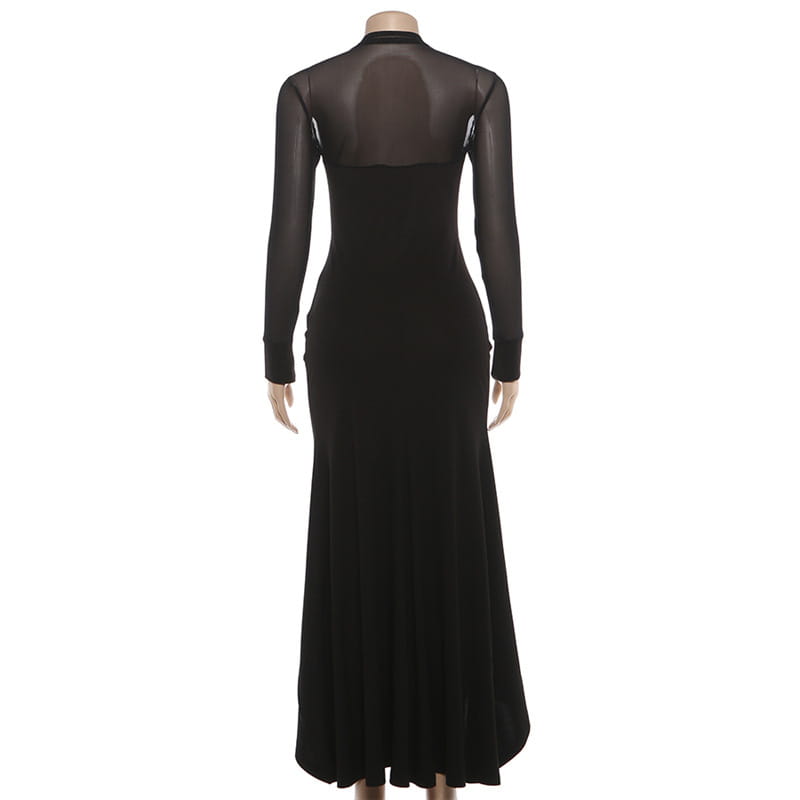 Mesh Panel Maxi Dress with Asymmetric Hem - Modern