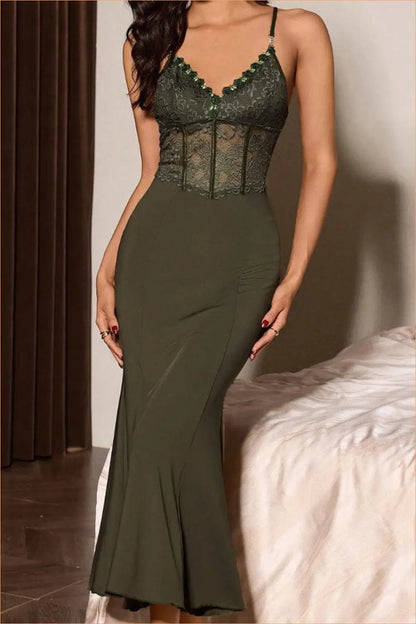Olive Lace Corset Maxi Dress with Fishtail Hem