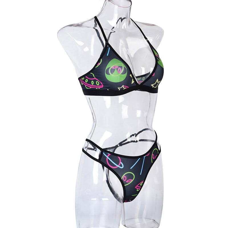 Graffiti Print Mesh Lingerie Set