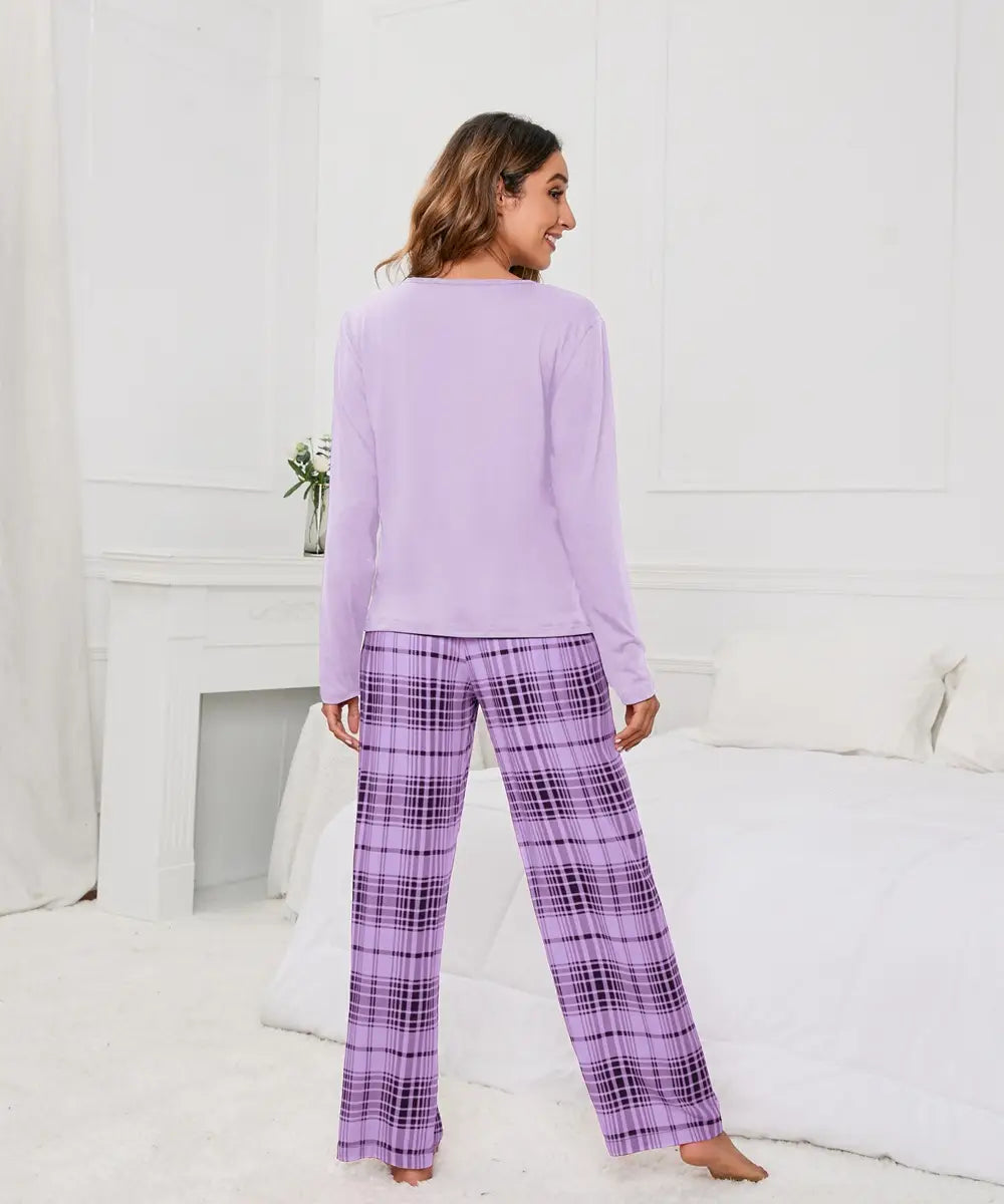 Solid-colour Round-neck Pyjama Set - Lounge In Plaid Elegance