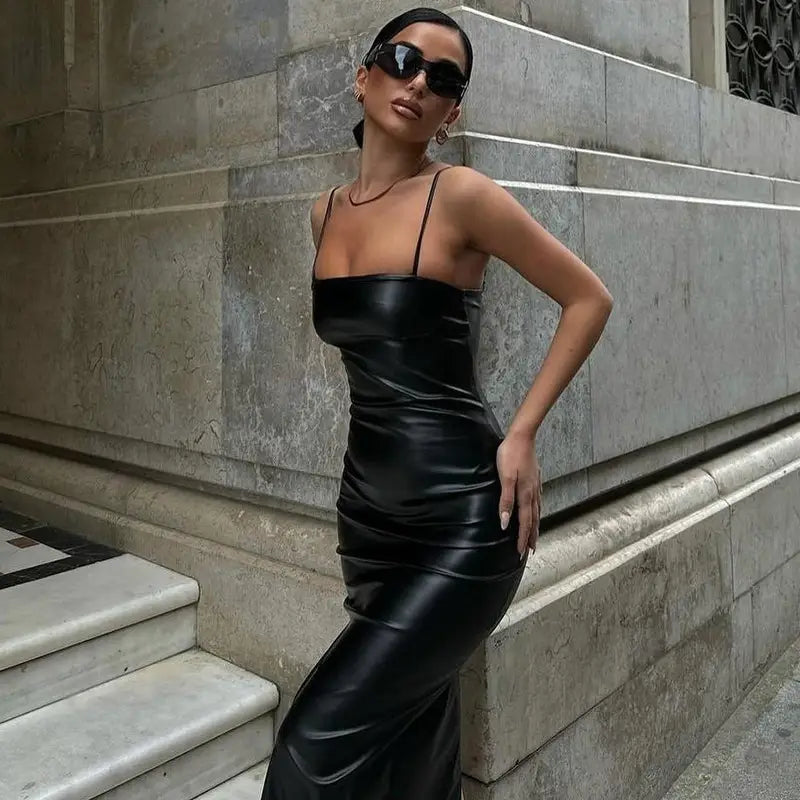 Women Clothing Summer Faux Leather Sexy Backless Lace Up Tight Waist Sheath Split Sling Dress