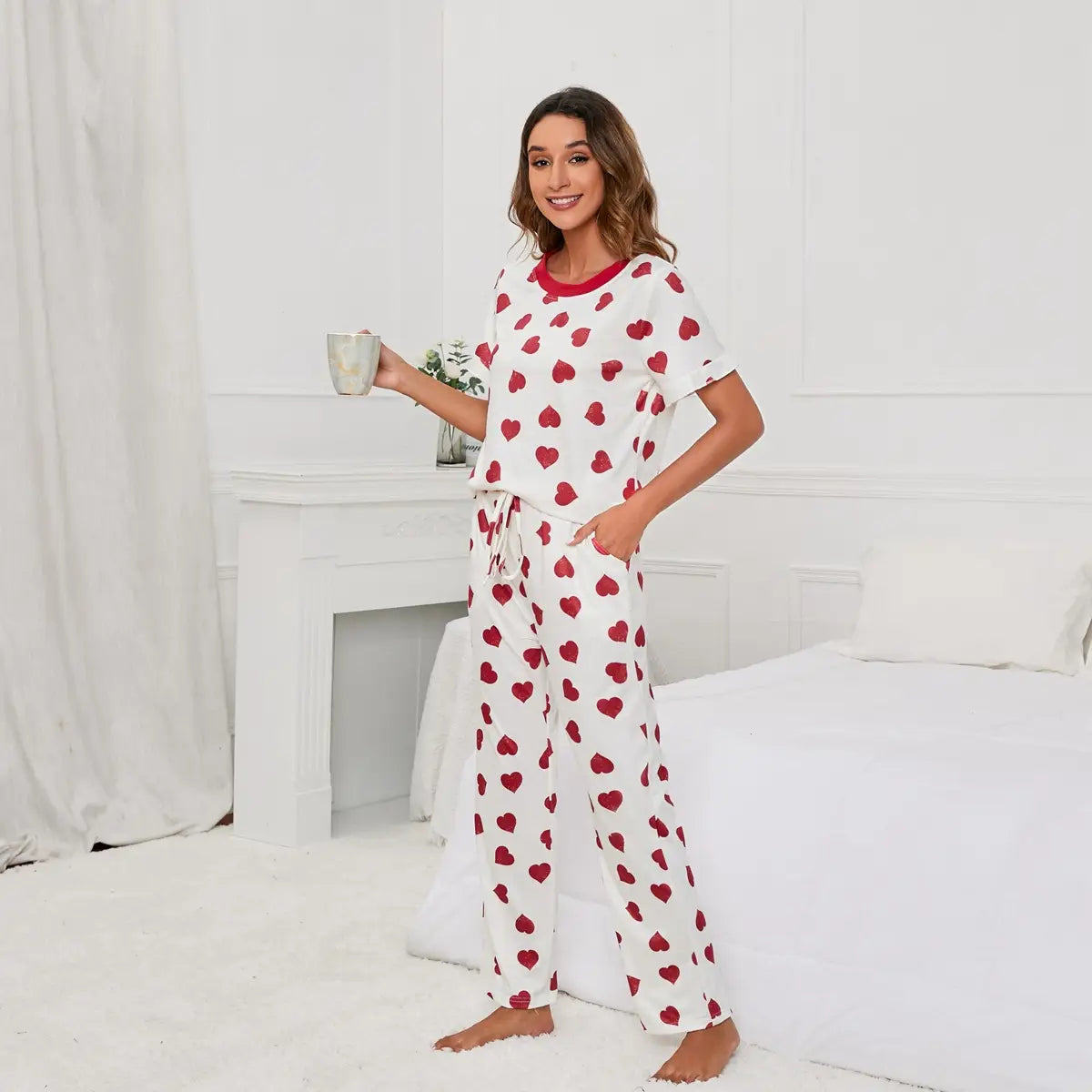 Heart-print Round-neck Pyjama Set - Summer Love Lounge