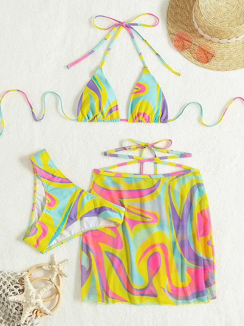 Vibrant Printed Cross Halterneck Bikini Set - Boho Vacation Chic