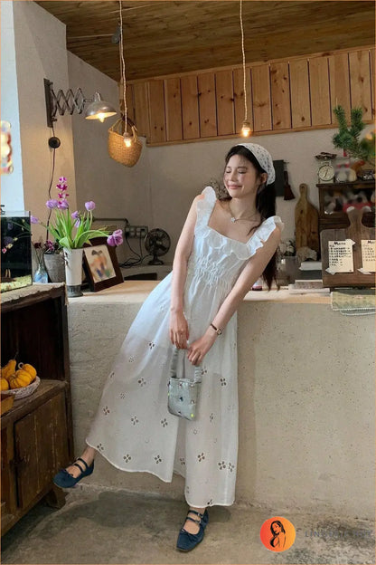 Square-Neck Midi Dress with Eyelet Cutouts and Ruffle