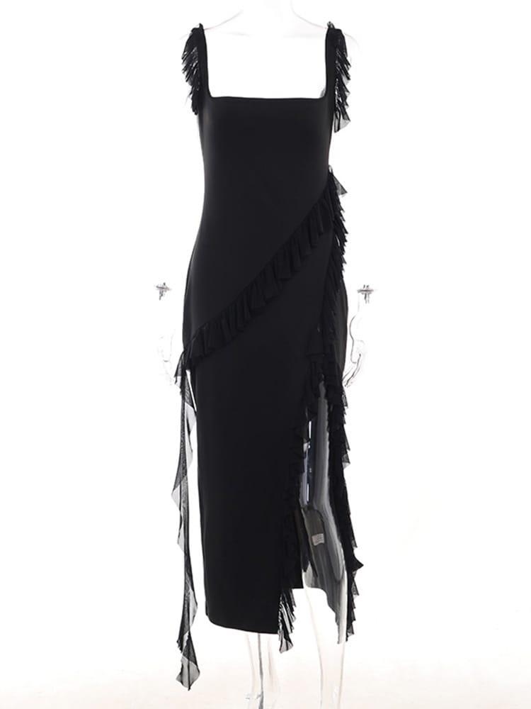 Sultry Split Maxi Dress With Flirtatious Ruffle - Unleash Your Allure