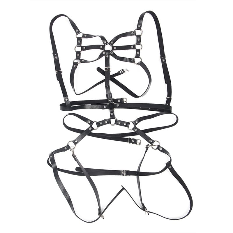 Trendy Leather Strap Harness Bodysuit - Sheer Turtleneck Bold Elegance