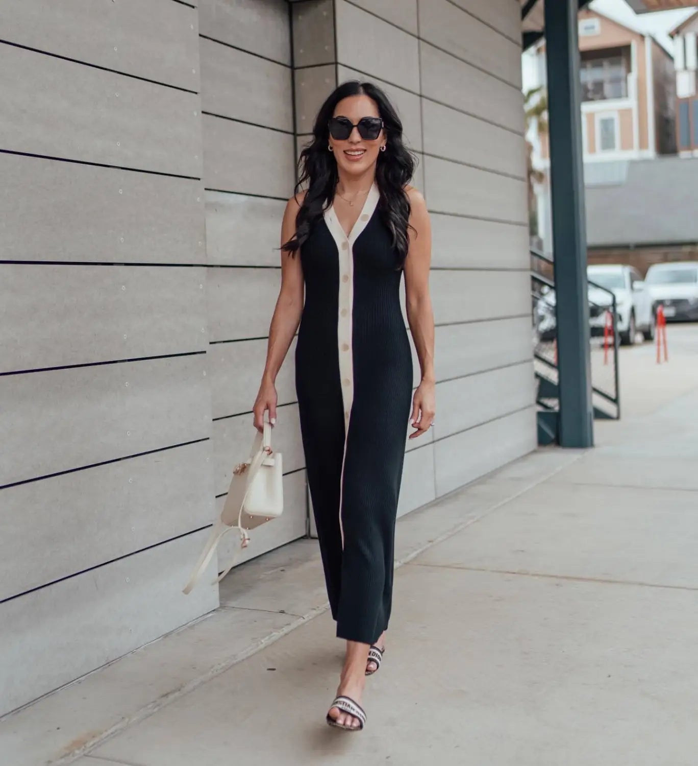 Ribbed Knit Maxi Dress with Contrast Stripe - Casual Chic