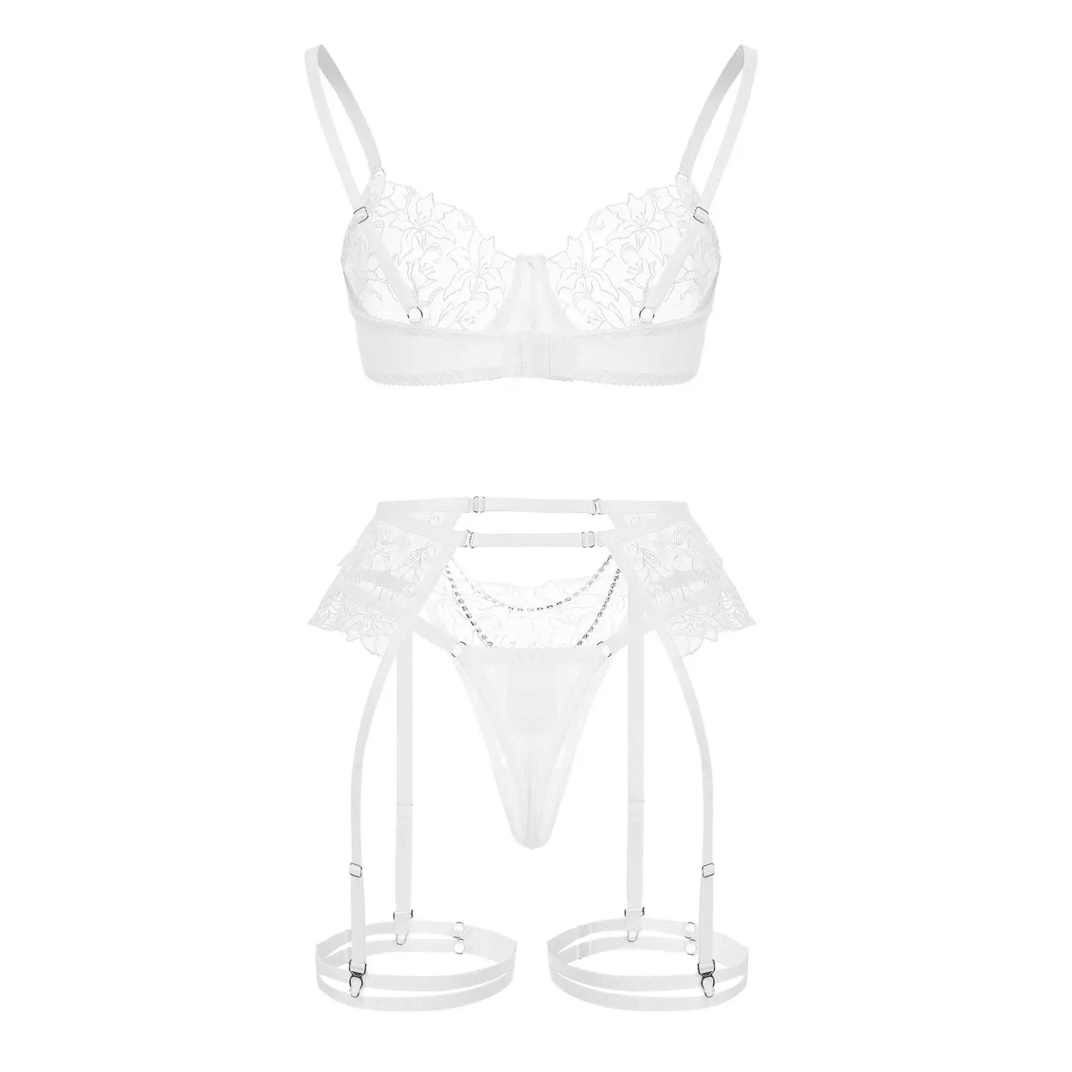 Floral Embroidery Metal Chain Lingerie Set - Allure in White Lace