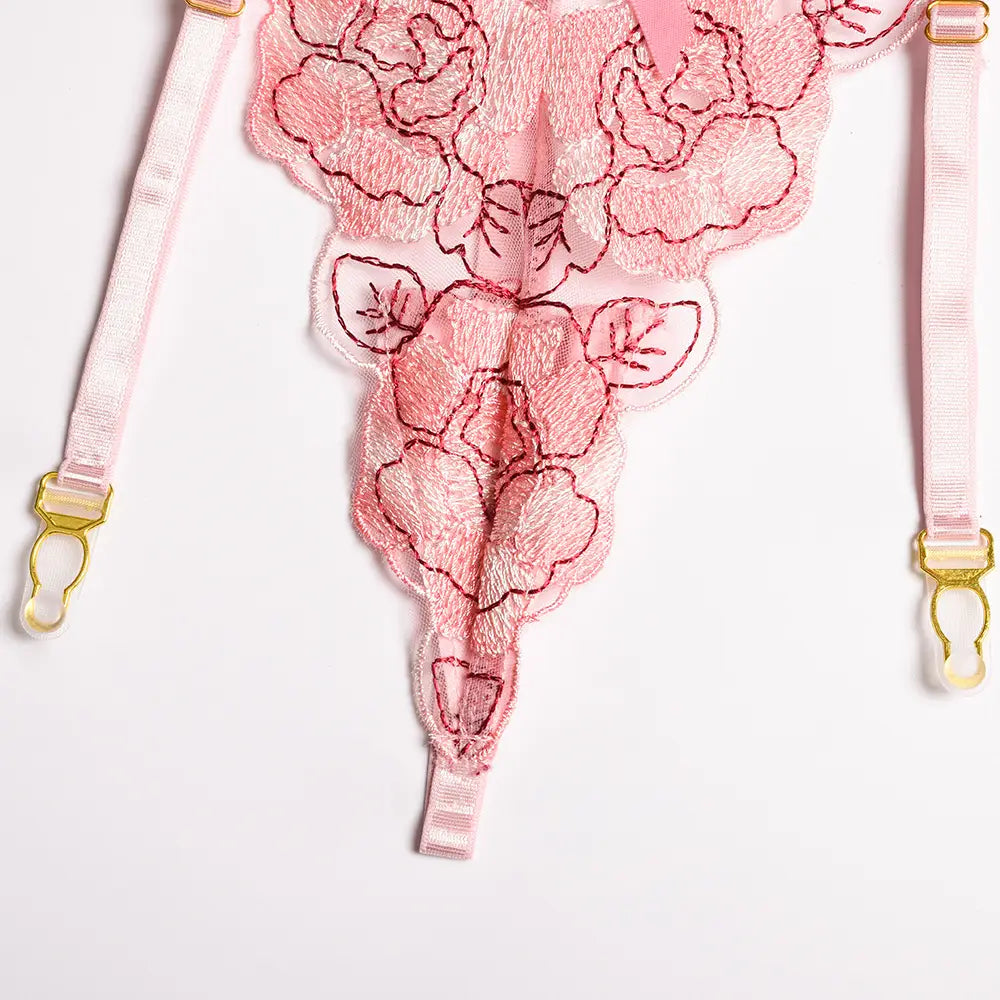 Pink Floral Embroidery Bra Set - Enchanting Trio Elegance