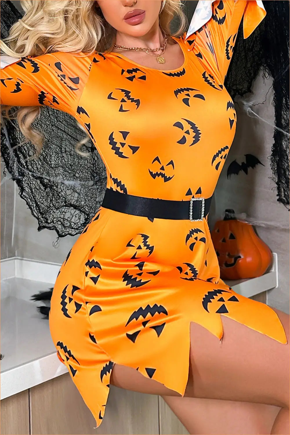 Nacarat Pumpkin Print Mini Dress with Jagged Hem and Belt