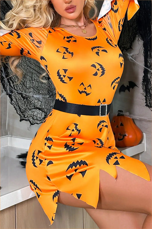 Nacarat Pumpkin Print Mini Dress with Jagged Hem and Belt