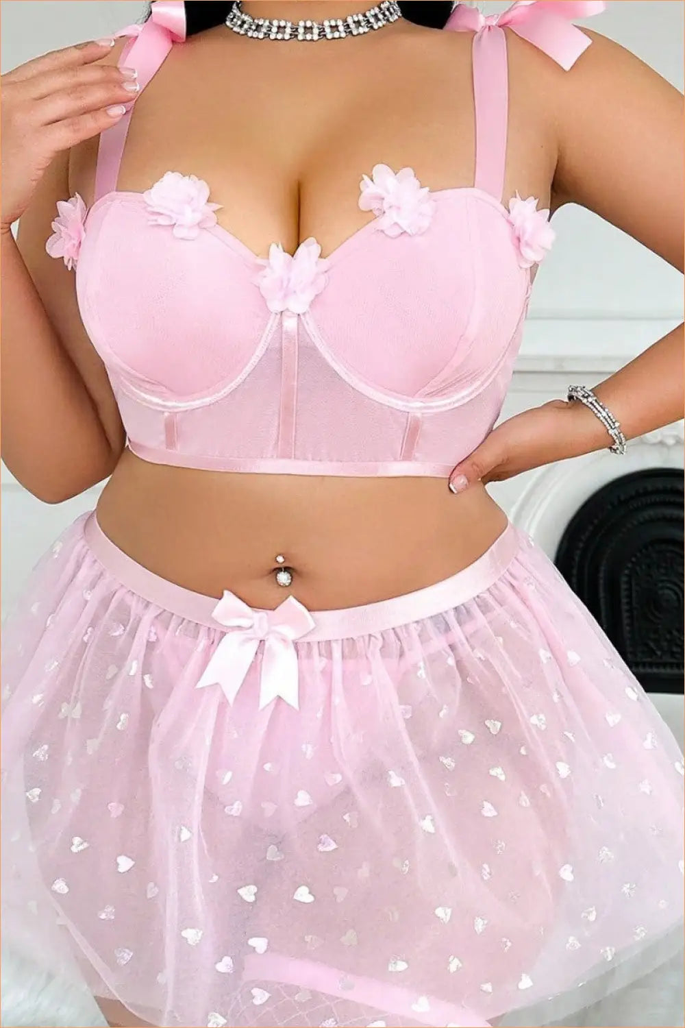 Pink Floral Mesh Bustier Bra & Heart-Print Tulle Skirt Set