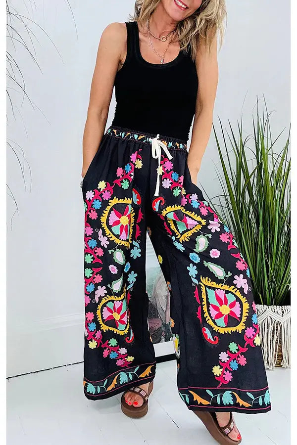 Floral Lace-up Imitation Denim Pants - Casual Summer Vibes
