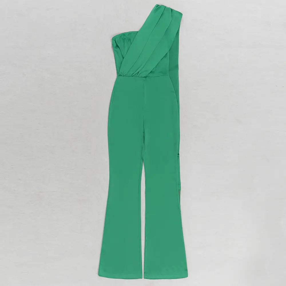 Elegant Pleated Ribbon Tassels Jumpsuit - Slim Fit Oblique Shoulder Perfection