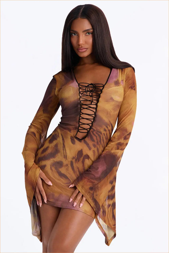 Amber Tiger Print Lace-Up Mini Dress