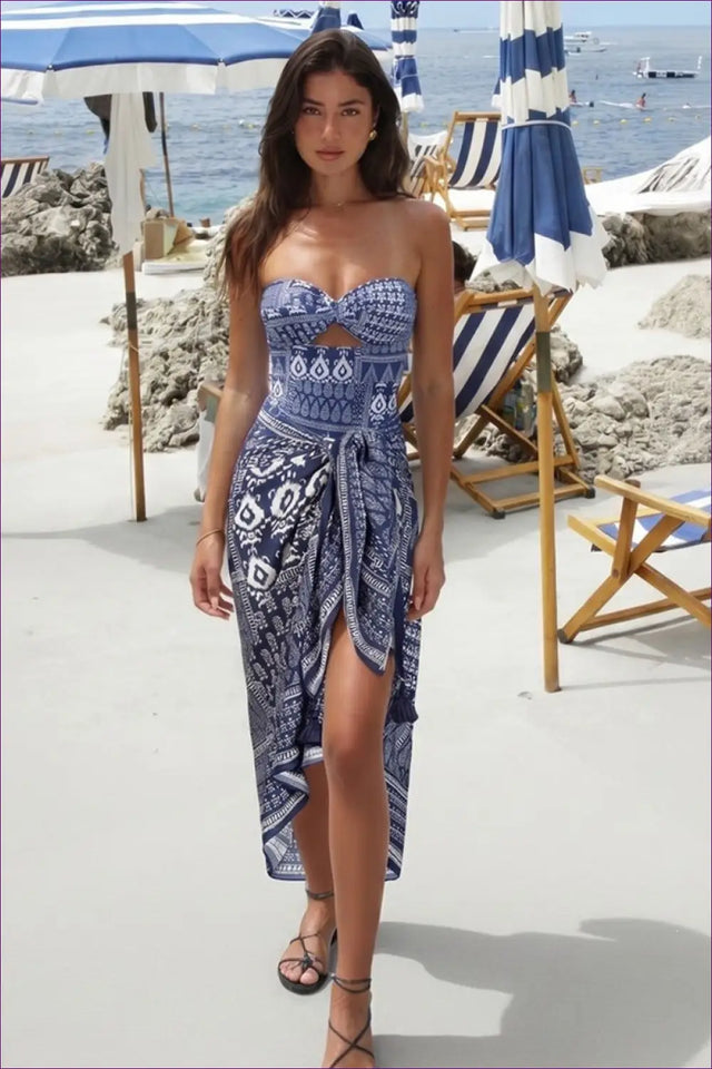 Printed Bandeau Set with Wrap Skirt - Sunkissed Escape