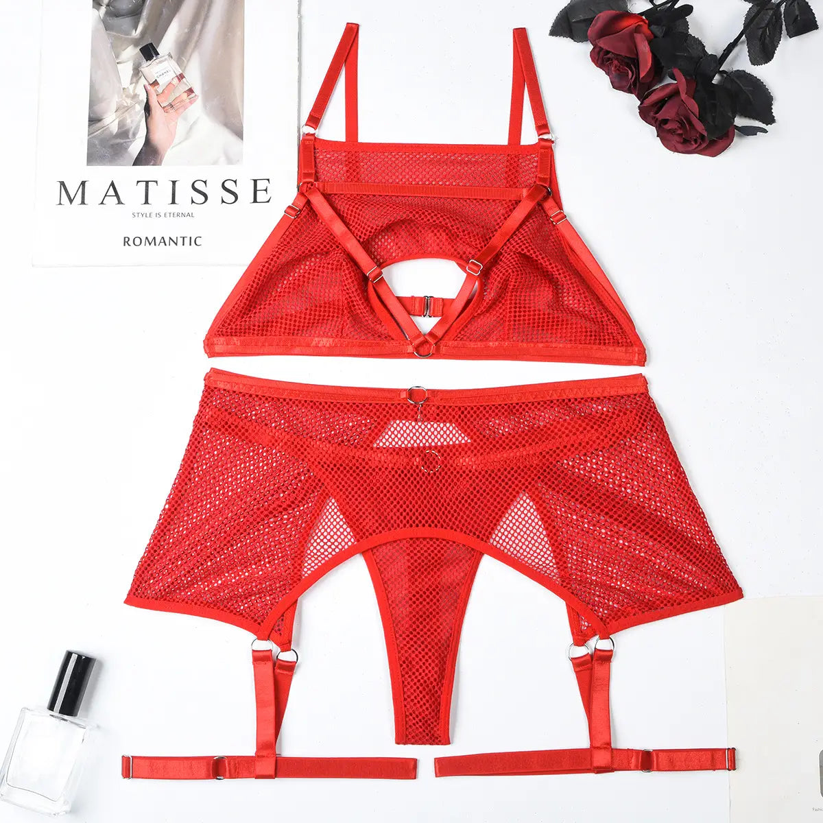 Mesh Mystique Three-piece Set - Solid Elegance with Cutout Charm