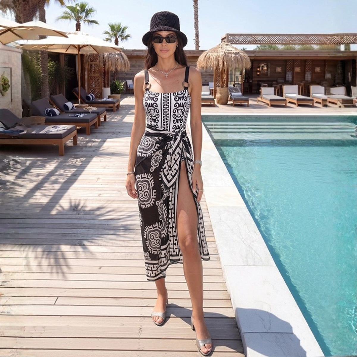 Geometric Print One-Piece Swimsuit with Wrap Skirt