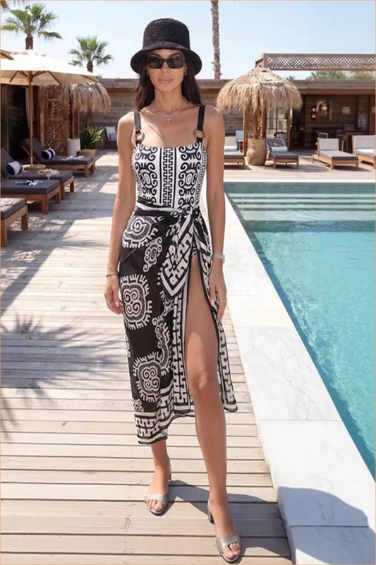 Geometric Print One-Piece Swimsuit with Wrap Skirt