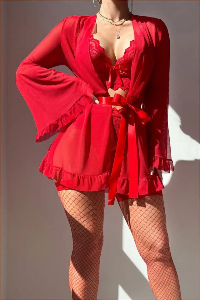 Red Sheer Ruffle Robe & Lace Set