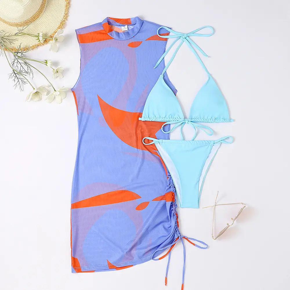 Boho Split Swimsuit Set - Sexy Print With Lace-up Detail