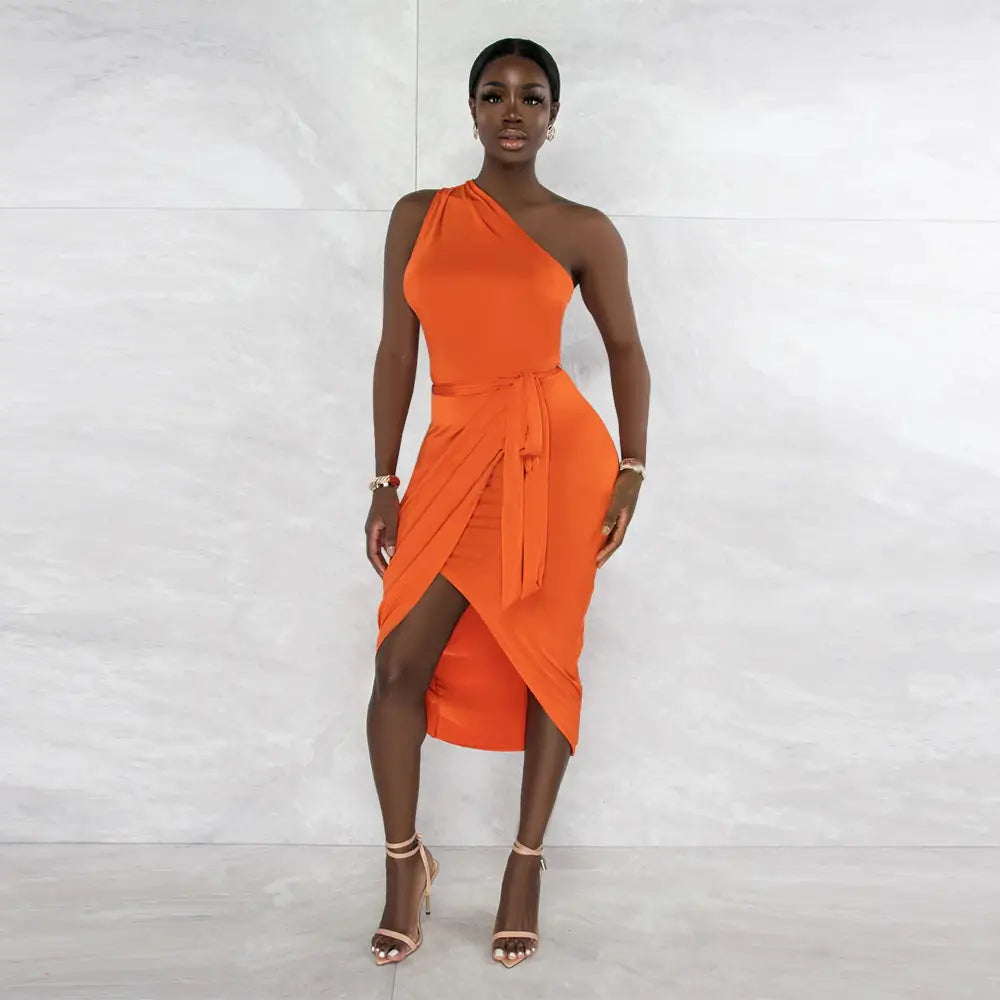 One Shoulder Midi Dress with Asymmetric Draping