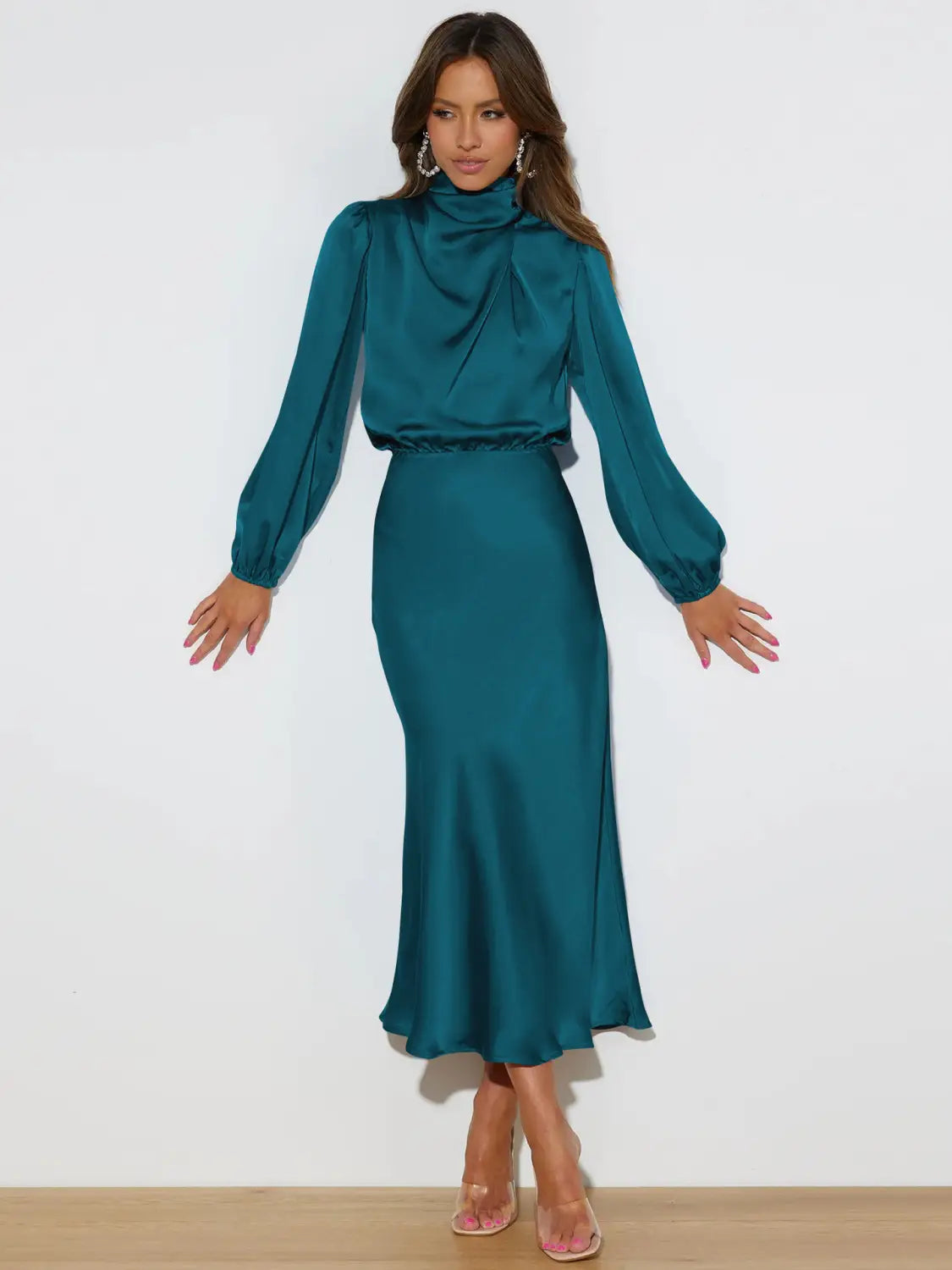 Satin Midi Dress with Balloon Sleeves - Evening Elegance