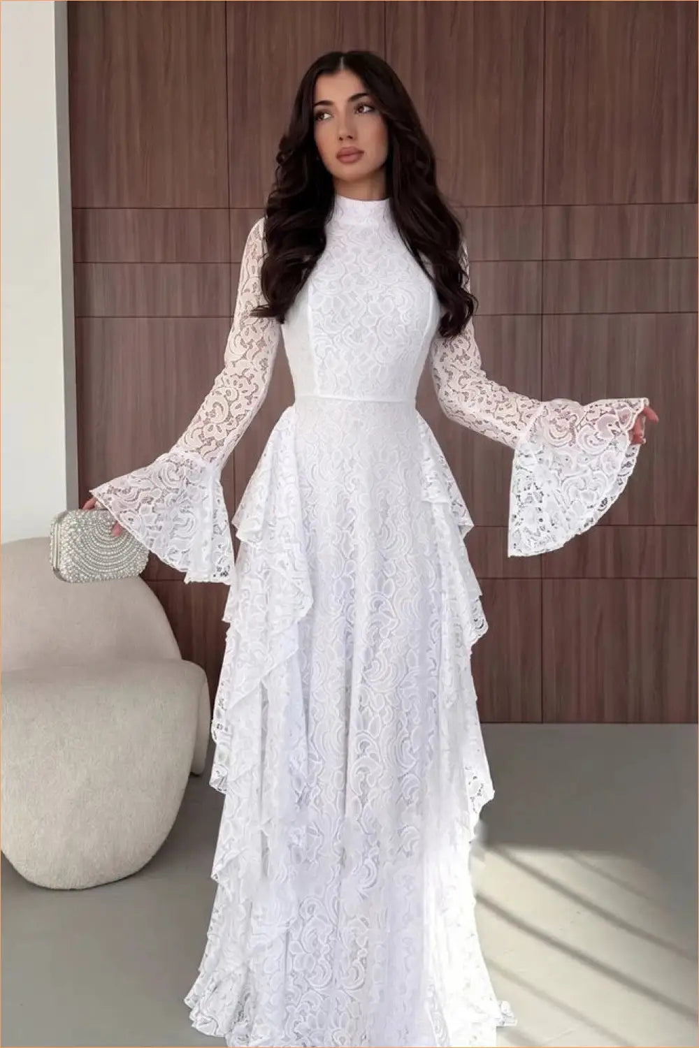 Bell-Sleeve Lace Tiered Maxi Dress