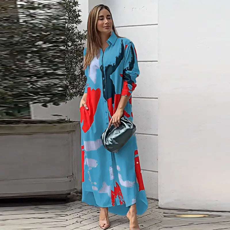 Printed Shirt Collar Maxi Dress - Casual Elegance Redefined