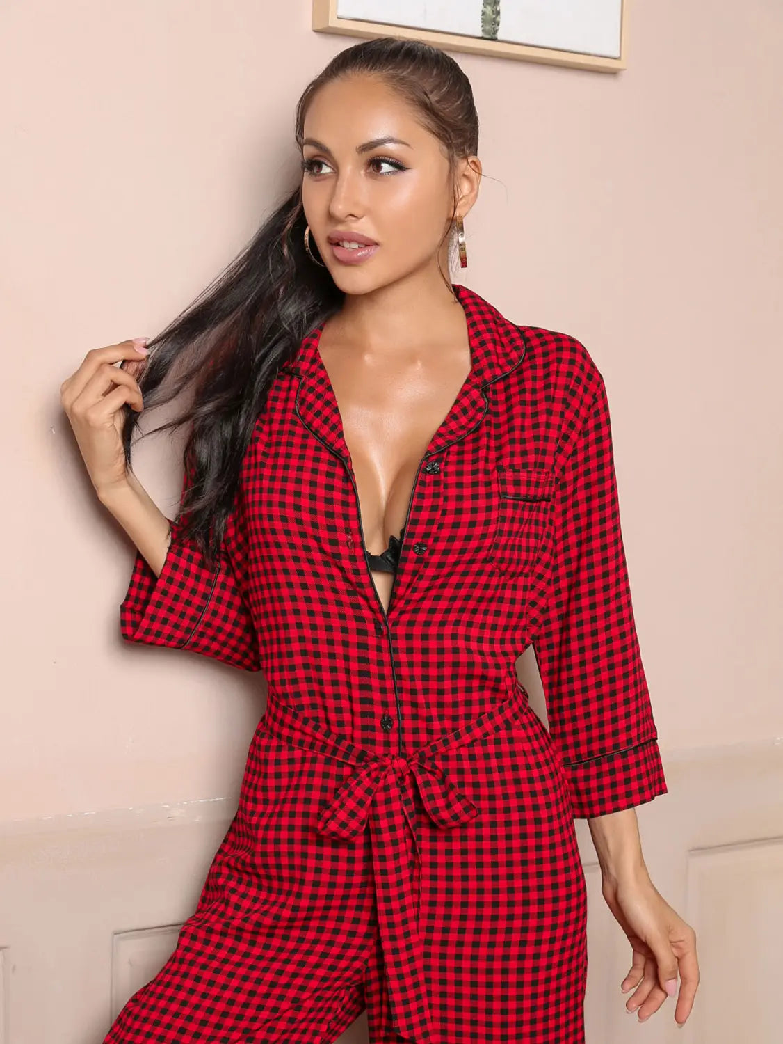 Red Plaid V-neck Jumpsuit - Belted Lounge Elegance