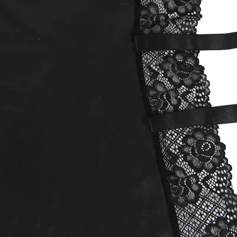 Plus Size Black Sexy Backless Nightdress - Alluring Leather Lace With Garter