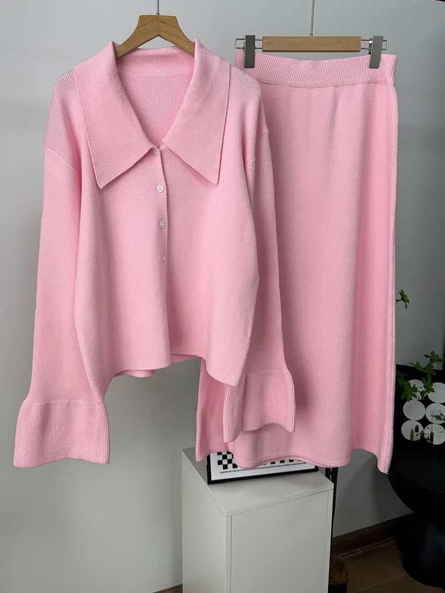 Knit Cardigan and Midi Skirt Set with Bell Sleeves
